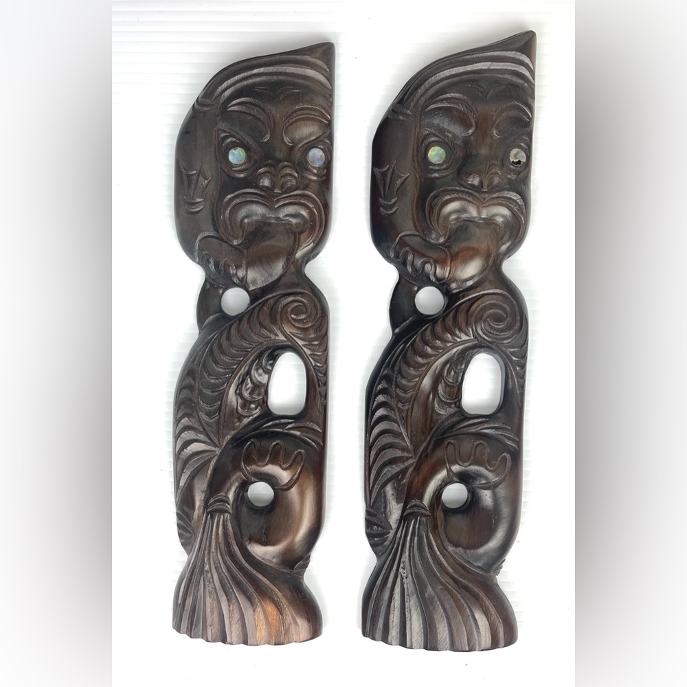 RARE Vtg Hand Carved New Zealand Maori Tiki Wooden Figures Paua Shell Eyes 13”H